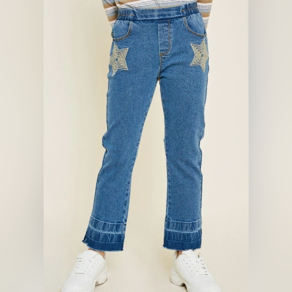 Girls Star Patch Jeans Sz 13/14 Stretch Waist Boho Western Denim